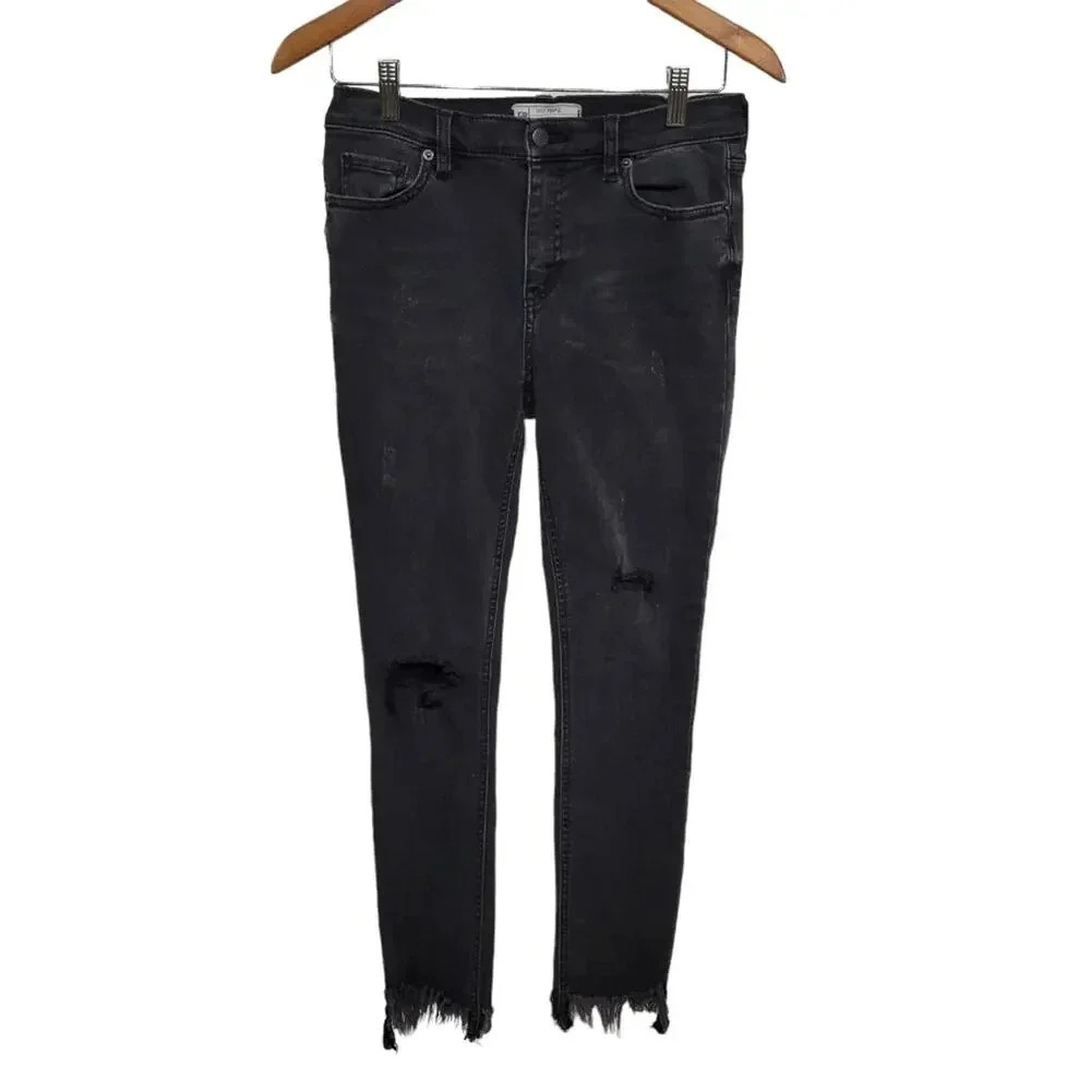 Free People Black Mid Rise Distressed Fray Hem Skinny Jeans Size 26